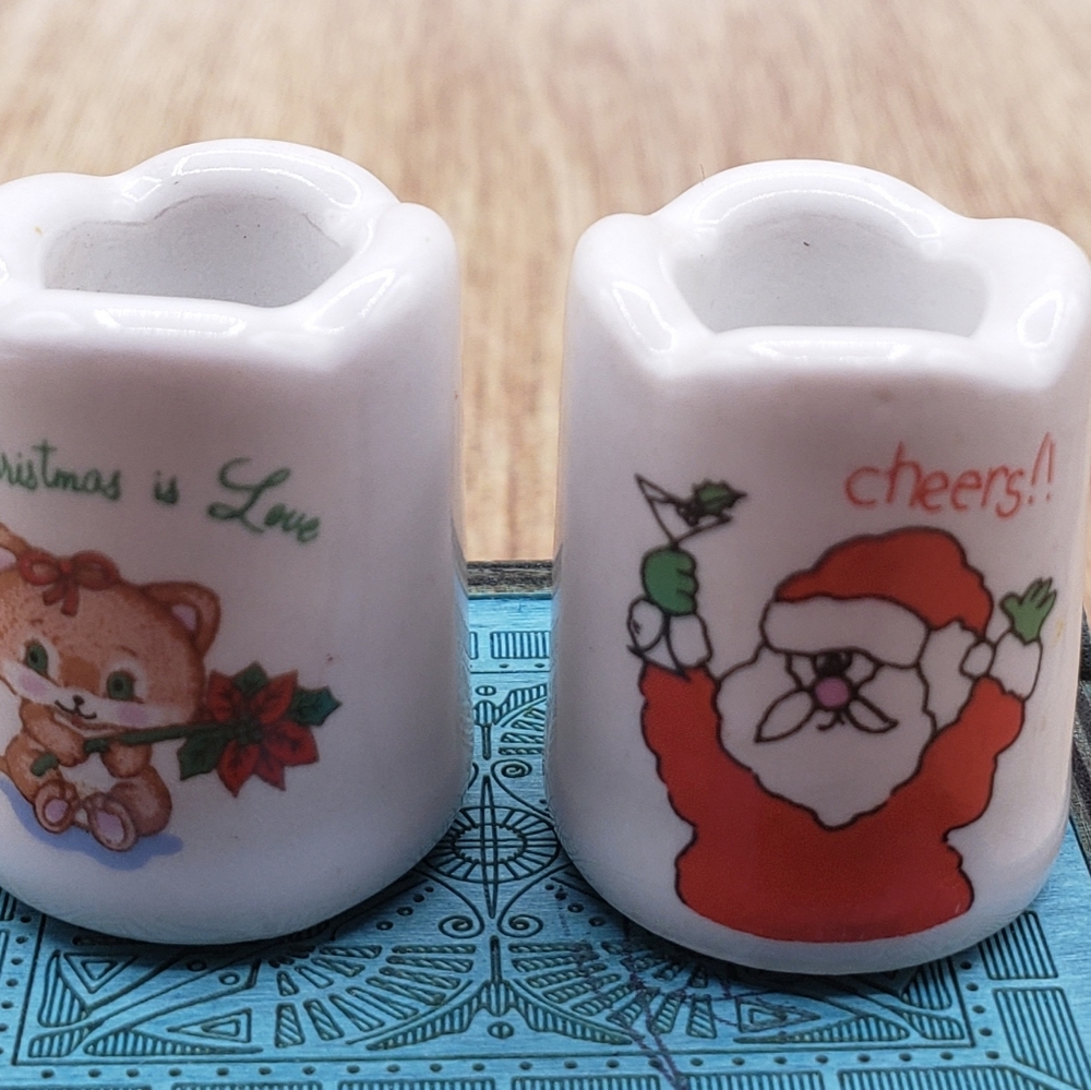 RUSS Vintage Mini Tapered Candle Holder Cup CHRISTMAS Set Cat Kitten, Santa 1".